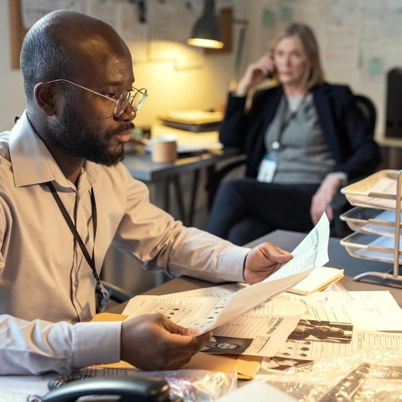Young serious male detective looking through criminal profiles and picking up data about suspects while working in office